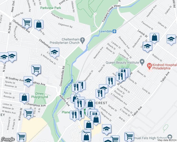 map of restaurants, bars, coffee shops, grocery stores, and more near 5823 Newtown Avenue in Philadelphia