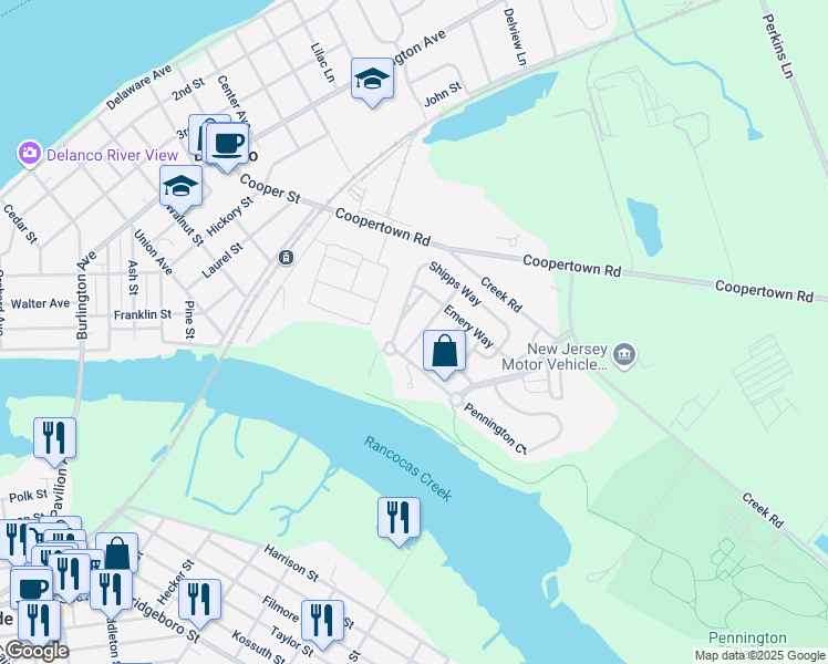 map of restaurants, bars, coffee shops, grocery stores, and more near 22 Wolverton Place in Delanco