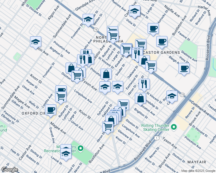map of restaurants, bars, coffee shops, grocery stores, and more near 7035 Souder Street in Philadelphia