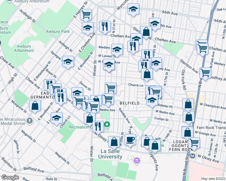 map of restaurants, bars, coffee shops, grocery stores, and more near 2068 Church Lane in Philadelphia