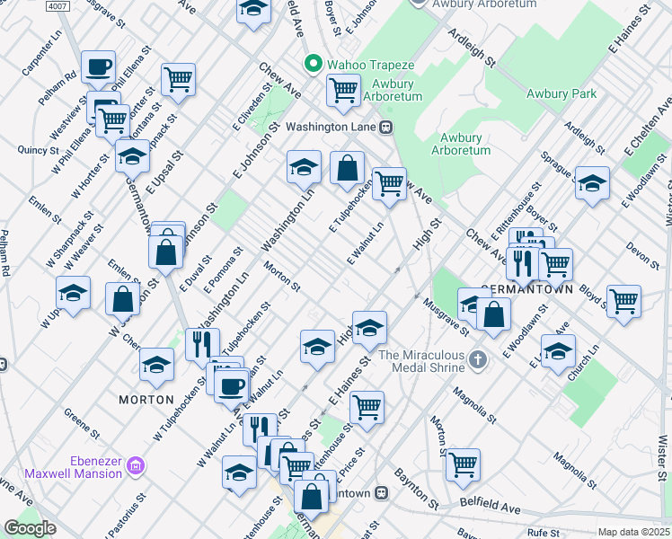 map of restaurants, bars, coffee shops, grocery stores, and more near 6104 Magnolia Street in Philadelphia