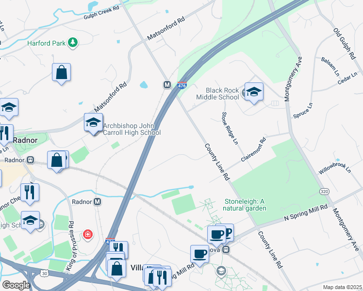 map of restaurants, bars, coffee shops, grocery stores, and more near 22 Wistar Road in Villanova