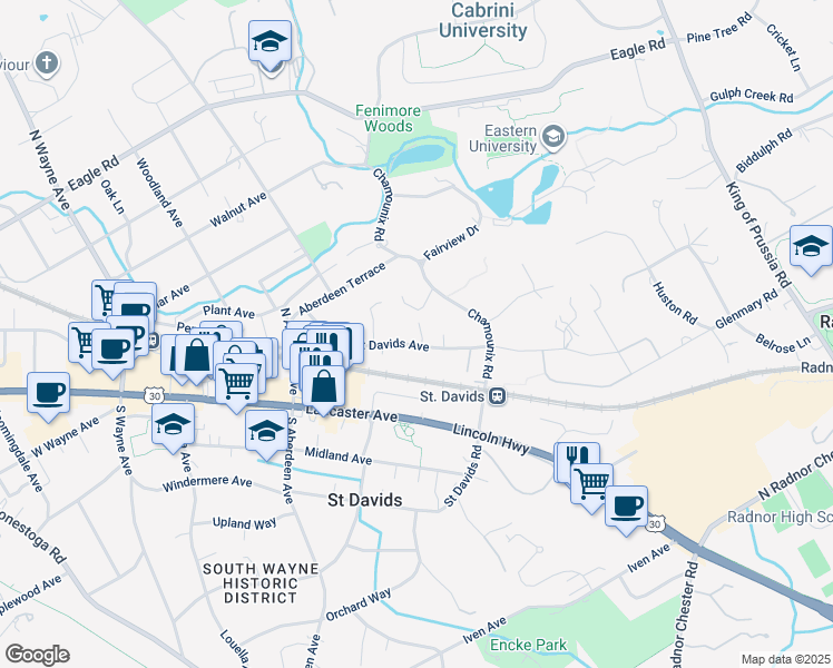 map of restaurants, bars, coffee shops, grocery stores, and more near 473 Saint Davids Avenue in Saint Davids