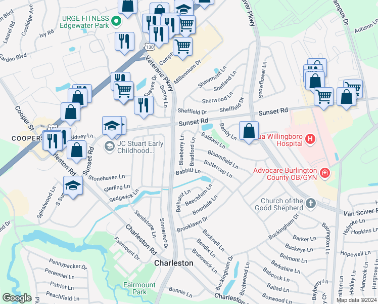 map of restaurants, bars, coffee shops, grocery stores, and more near 19 Bradford Lane in Willingboro