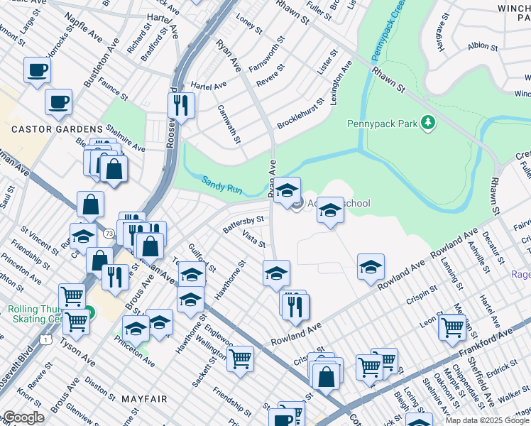 map of restaurants, bars, coffee shops, grocery stores, and more near 7566 Battersby Street in Philadelphia