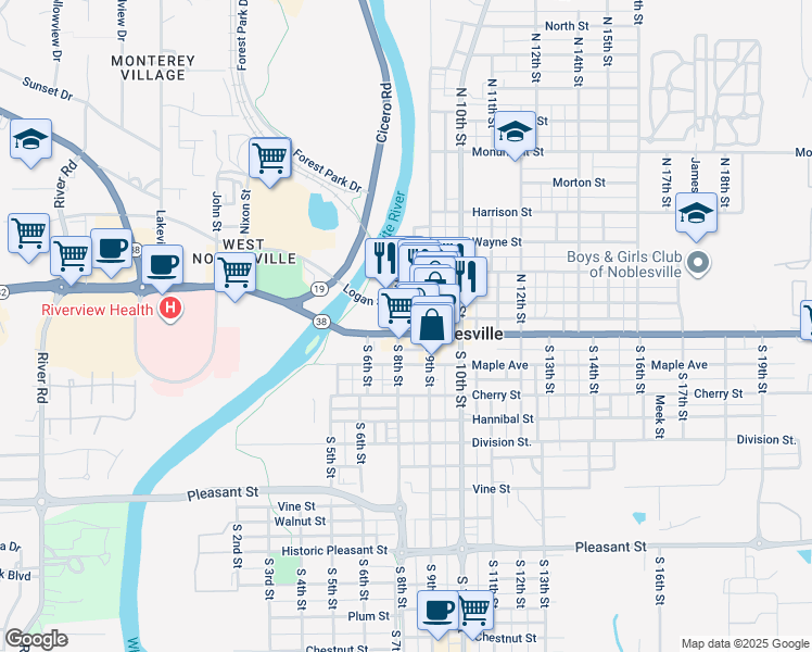 map of restaurants, bars, coffee shops, grocery stores, and more near 810 Conner Street in Noblesville