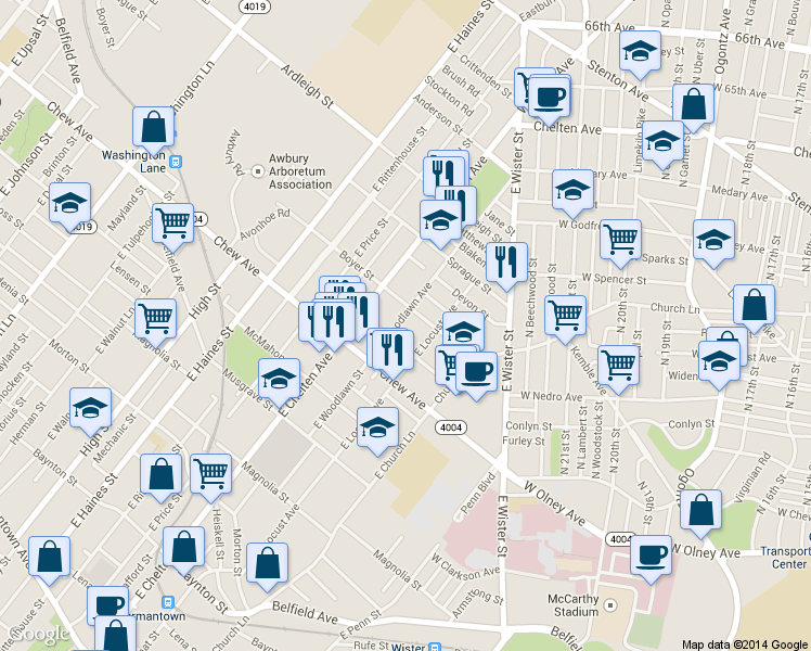 map of restaurants, bars, coffee shops, grocery stores, and more near 856 East Woodlawn Avenue in Philadelphia