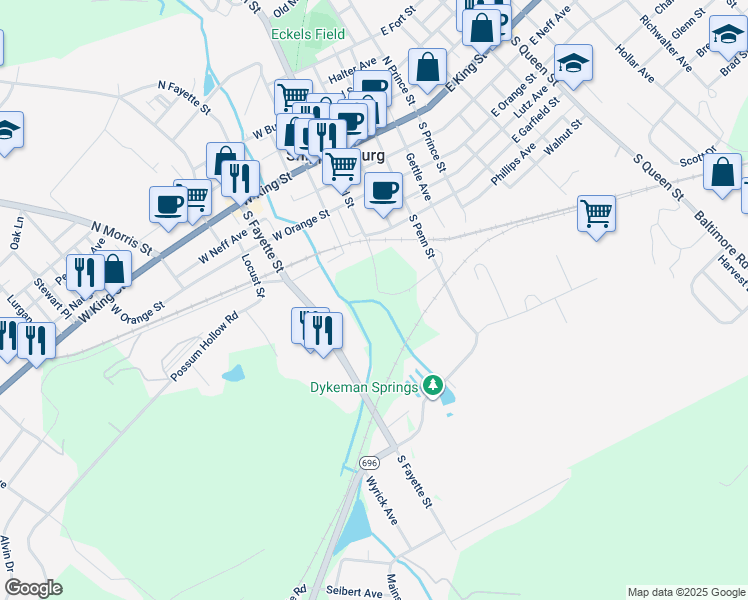 map of restaurants, bars, coffee shops, grocery stores, and more near 220 South Earl Street in Shippensburg