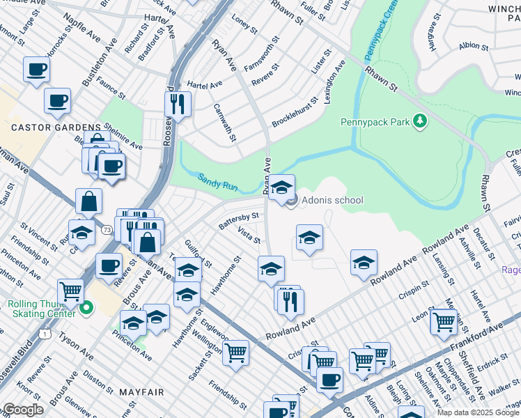 map of restaurants, bars, coffee shops, grocery stores, and more near 7566 Battersby Street in Philadelphia