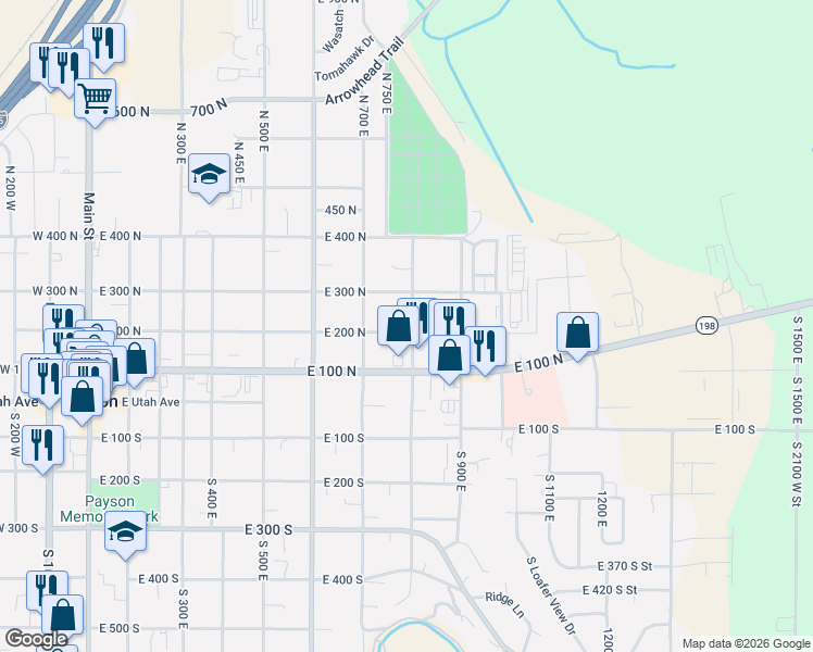 map of restaurants, bars, coffee shops, grocery stores, and more near 205 North 800 East Street in Payson