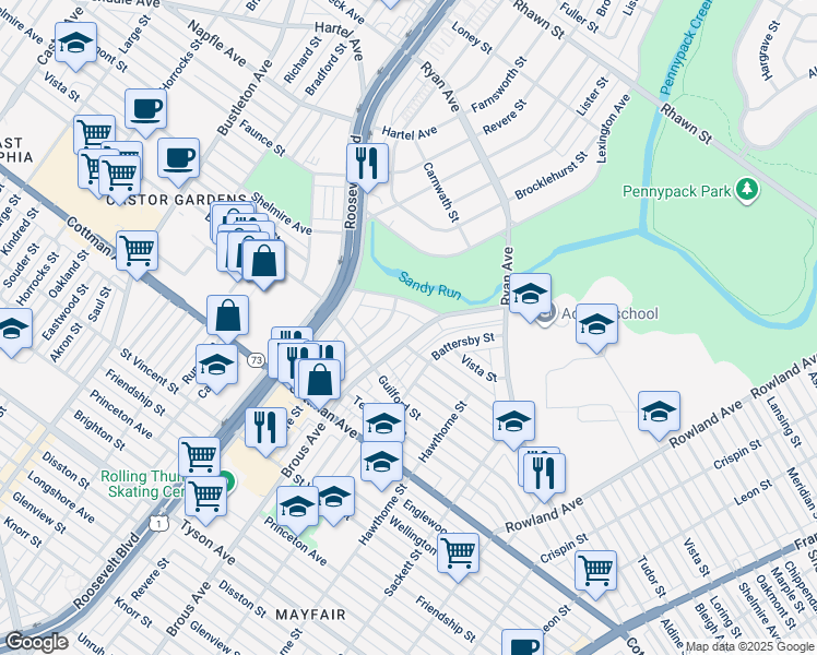 map of restaurants, bars, coffee shops, grocery stores, and more near 7442 Brous Avenue in Philadelphia