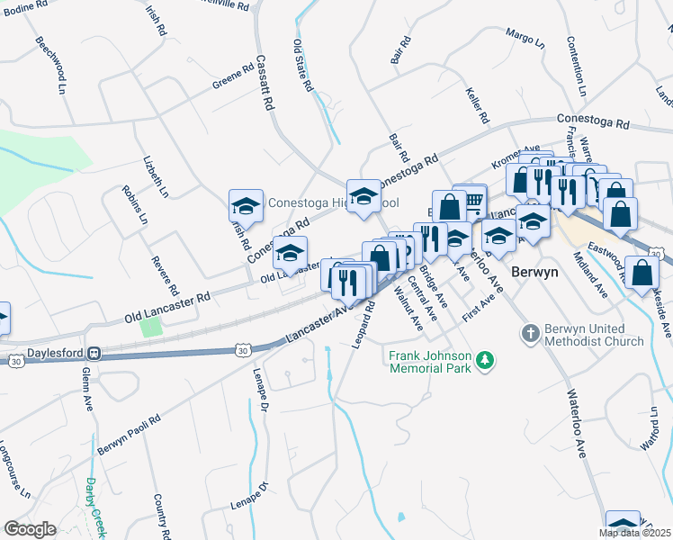 map of restaurants, bars, coffee shops, grocery stores, and more near 1015 Lancaster Avenue in Berwyn