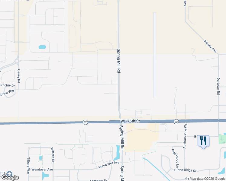 map of restaurants, bars, coffee shops, grocery stores, and more near 17804 Spring Mill Road in Westfield