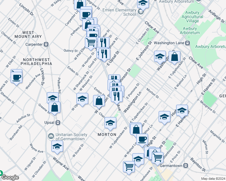 map of restaurants, bars, coffee shops, grocery stores, and more near Germantown Ave & W Johnson St in Philadelphia