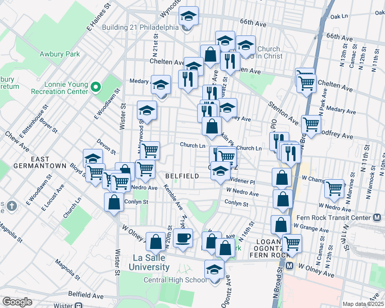 map of restaurants, bars, coffee shops, grocery stores, and more near 6032 North 19th Street in Philadelphia