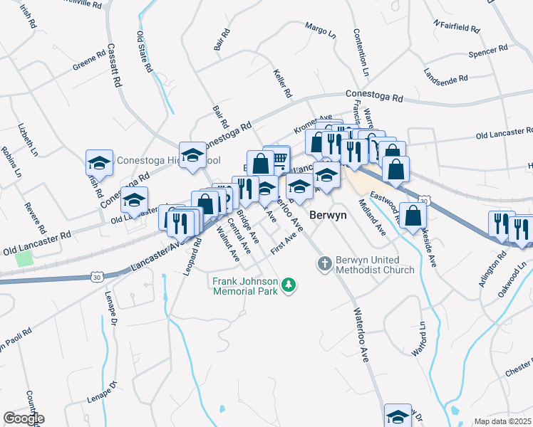 map of restaurants, bars, coffee shops, grocery stores, and more near 719 Berwyn Avenue in Berwyn