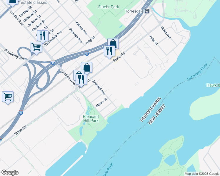 map of restaurants, bars, coffee shops, grocery stores, and more near 59103 Delaire Landing Road in Philadelphia