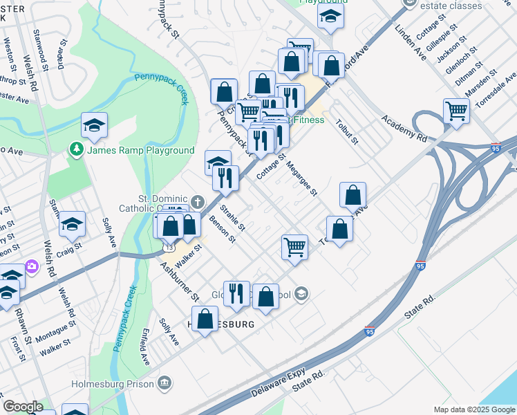 map of restaurants, bars, coffee shops, grocery stores, and more near 8648 Jackson Street in Philadelphia