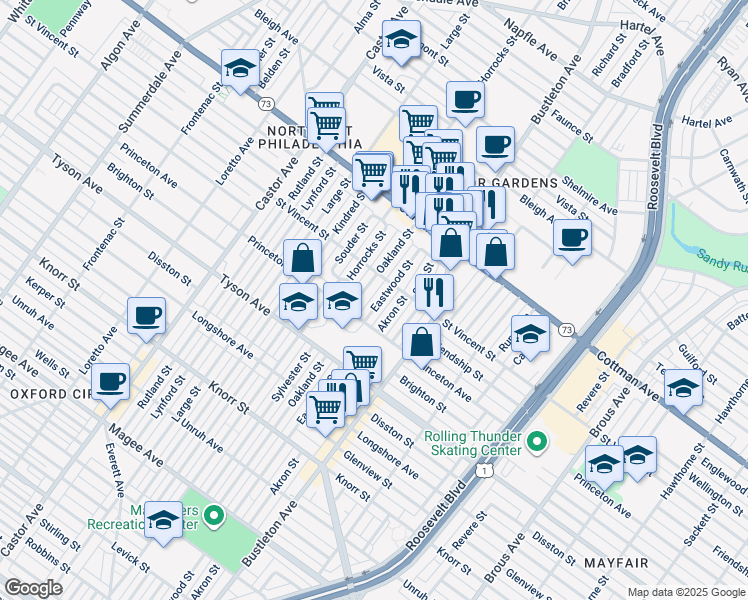 map of restaurants, bars, coffee shops, grocery stores, and more near 7128 Eastwood Street in Philadelphia