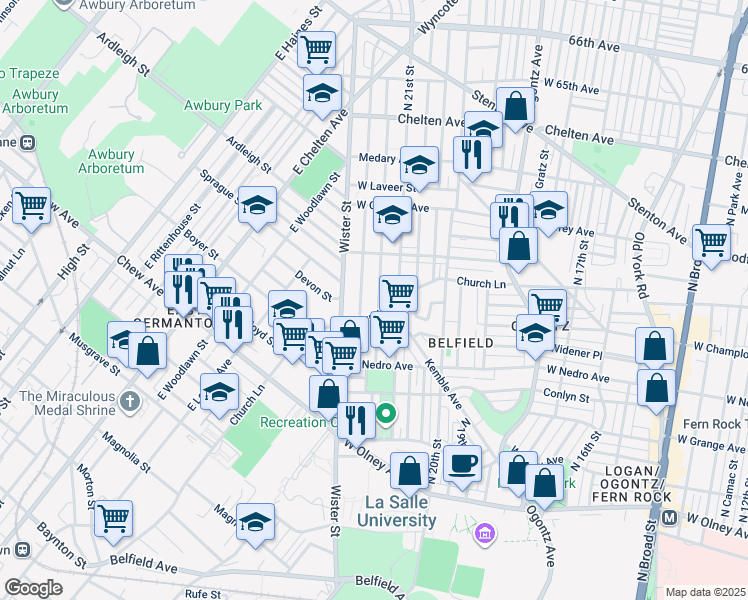 map of restaurants, bars, coffee shops, grocery stores, and more near 6022 North Norwood Street in Philadelphia
