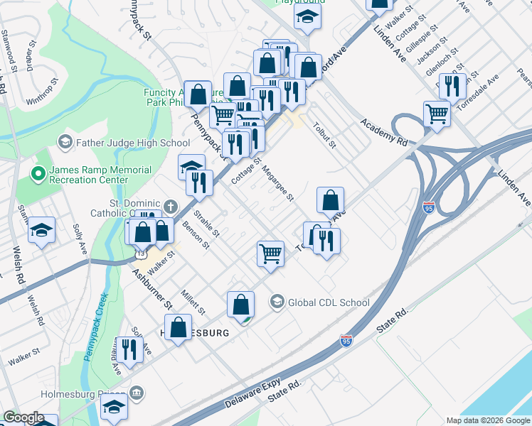 map of restaurants, bars, coffee shops, grocery stores, and more near 8722 Ditman Street in Philadelphia