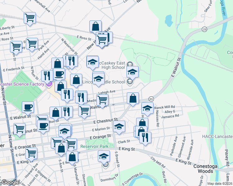 map of restaurants, bars, coffee shops, grocery stores, and more near 937 East Madison Street in Lancaster