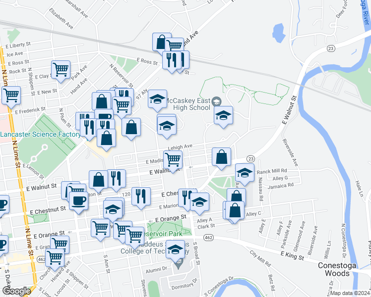 map of restaurants, bars, coffee shops, grocery stores, and more near 355 North Broad Street in Lancaster