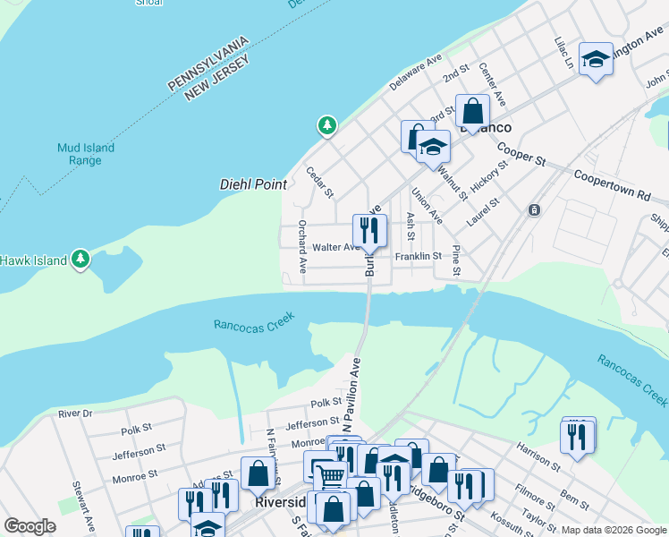 map of restaurants, bars, coffee shops, grocery stores, and more near 302 Rancocas Avenue in Delanco