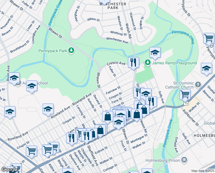 map of restaurants, bars, coffee shops, grocery stores, and more near 8015 Rowland Avenue in Philadelphia