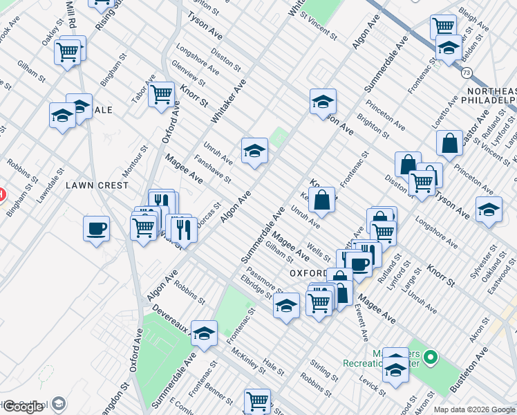 map of restaurants, bars, coffee shops, grocery stores, and more near 1129 Magee Avenue in Philadelphia