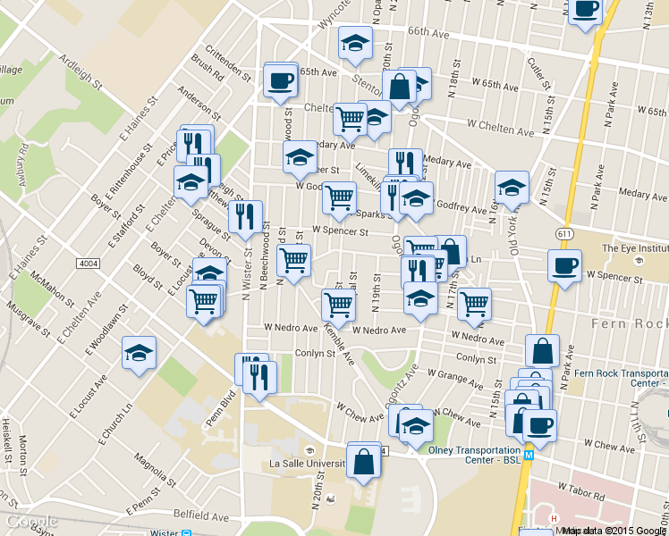 map of restaurants, bars, coffee shops, grocery stores, and more near 5962 West Champlost Avenue in Philadelphia