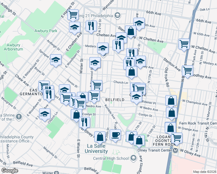 map of restaurants, bars, coffee shops, grocery stores, and more near 5962 West Champlost Avenue in Philadelphia