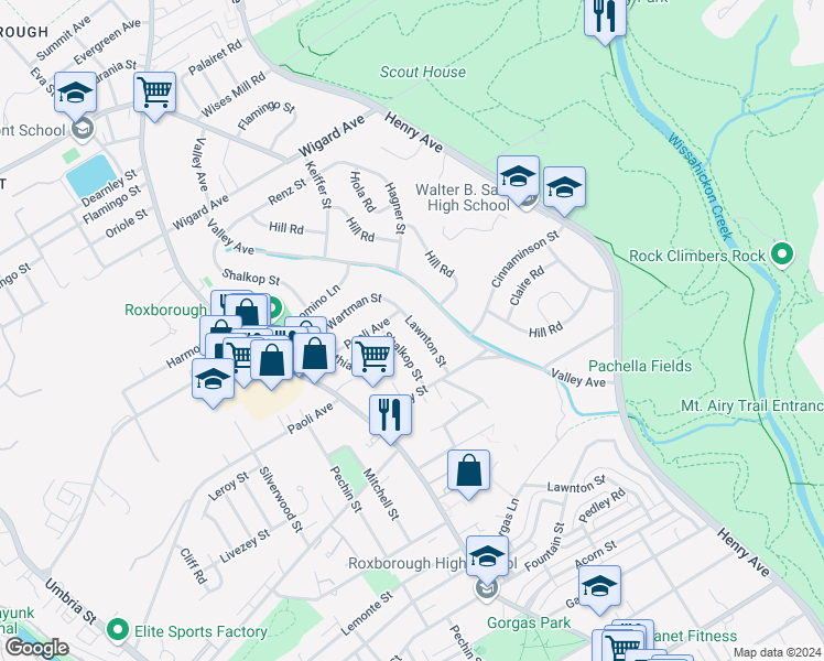 map of restaurants, bars, coffee shops, grocery stores, and more near 6915 Shalkop Street in Philadelphia
