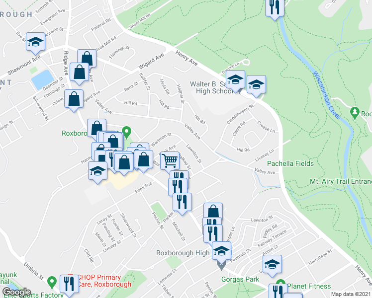 map of restaurants, bars, coffee shops, grocery stores, and more near 6915 Shalkop Street in Philadelphia