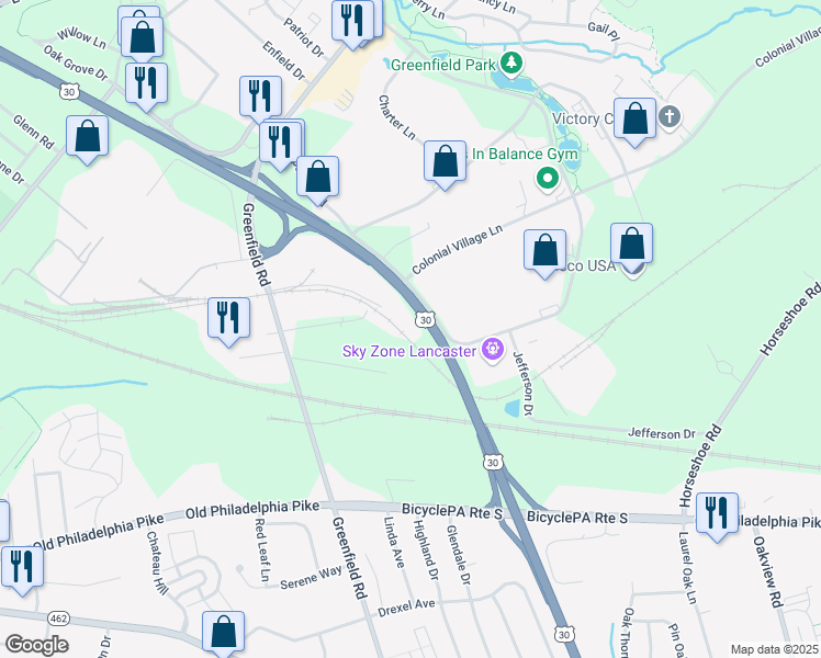 map of restaurants, bars, coffee shops, grocery stores, and more near 170 Independence Court in Lancaster