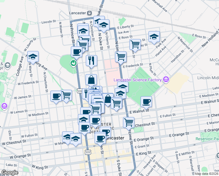 map of restaurants, bars, coffee shops, grocery stores, and more near 430 North Duke Street in Lancaster