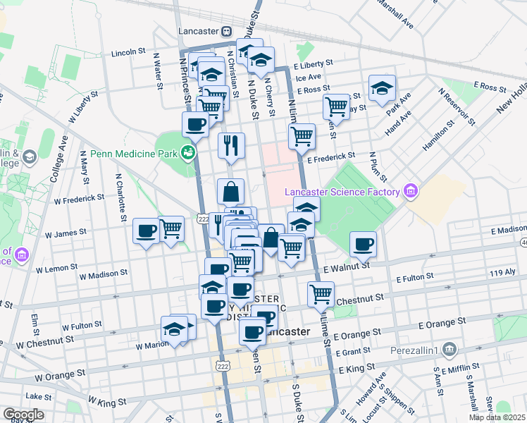 map of restaurants, bars, coffee shops, grocery stores, and more near 430 North Duke Street in Lancaster