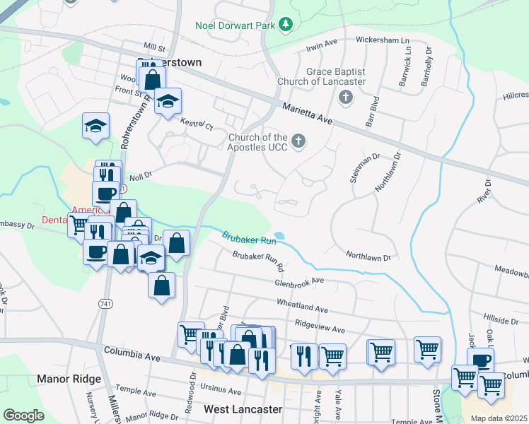 map of restaurants, bars, coffee shops, grocery stores, and more near 1936 Apostle Way in Lancaster