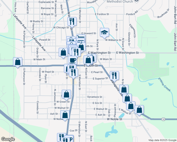 map of restaurants, bars, coffee shops, grocery stores, and more near 223 East Pearl Street in Lebanon