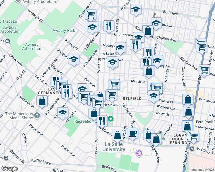 map of restaurants, bars, coffee shops, grocery stores, and more near 6022 North Norwood Street in Philadelphia