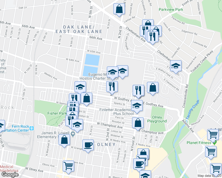 map of restaurants, bars, coffee shops, grocery stores, and more near 200 Kenilworth Avenue in Philadelphia
