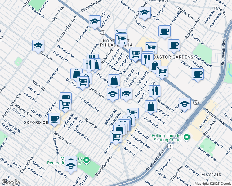 map of restaurants, bars, coffee shops, grocery stores, and more near 7037 Souder Street in Philadelphia