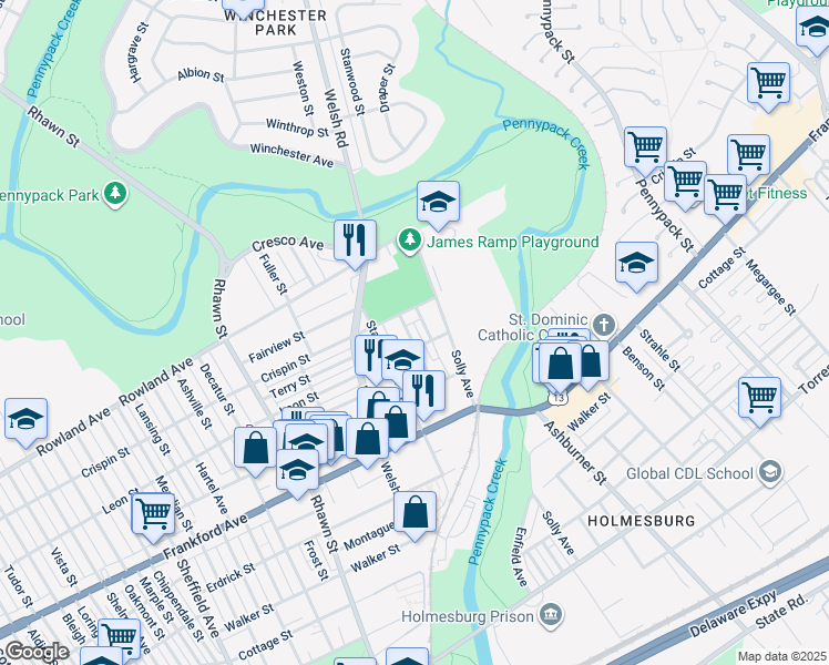 map of restaurants, bars, coffee shops, grocery stores, and more near 3421 Arthur Street in Philadelphia