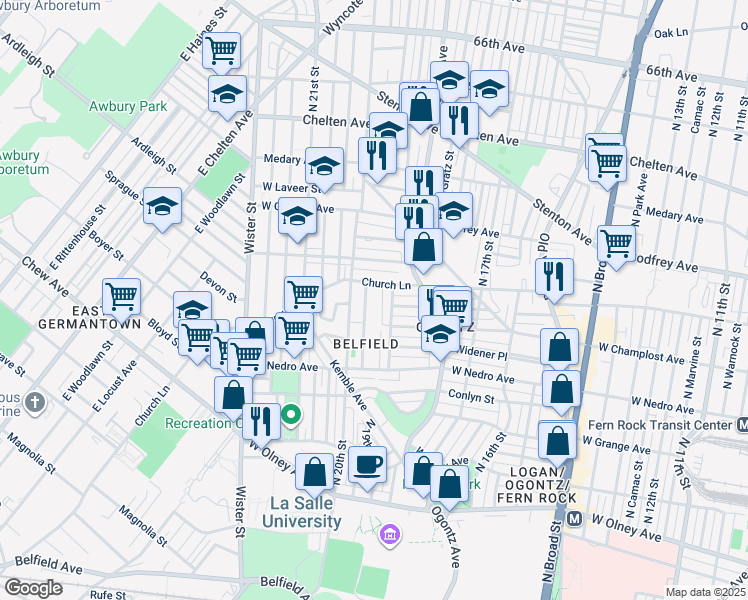map of restaurants, bars, coffee shops, grocery stores, and more near 5991 North Opal Street in Philadelphia