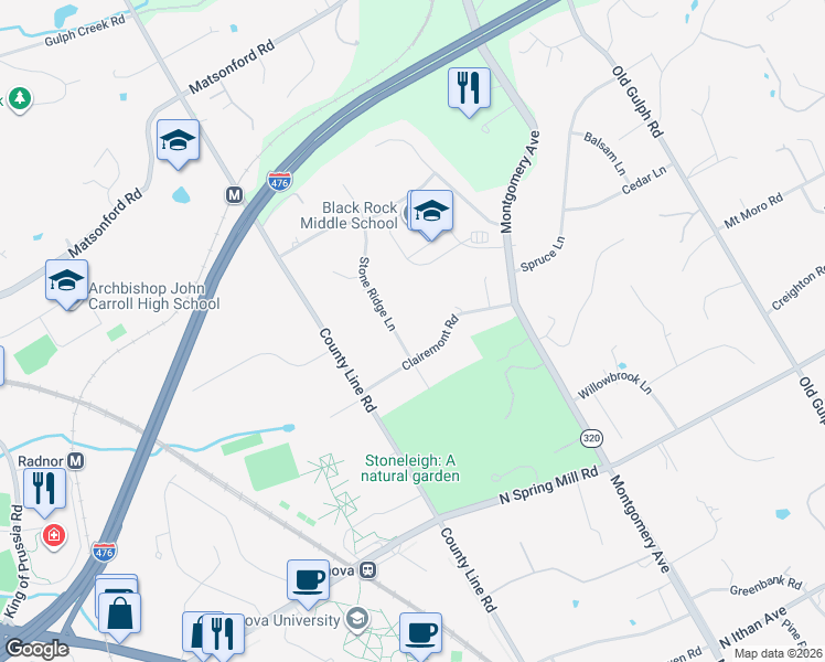 map of restaurants, bars, coffee shops, grocery stores, and more near 400 Clairemont Road in Villanova