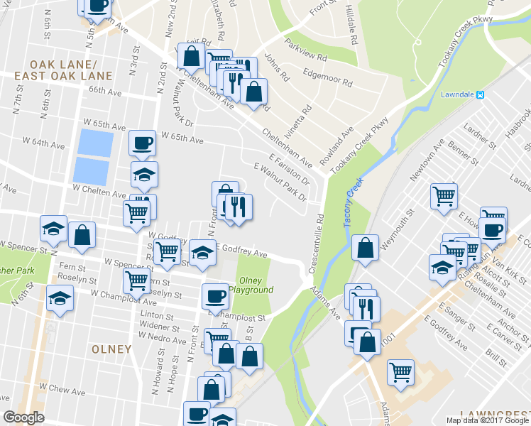 map of restaurants, bars, coffee shops, grocery stores, and more near 6310 Foxhill Road in Philadelphia