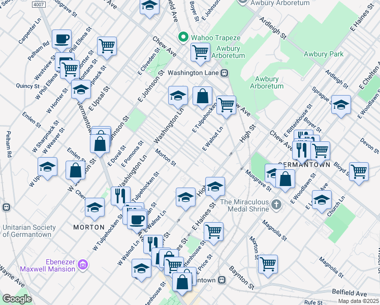 map of restaurants, bars, coffee shops, grocery stores, and more near 6117 Gardenia Street in Philadelphia