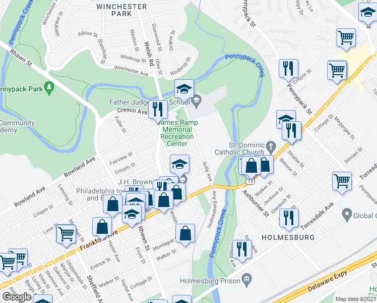 map of restaurants, bars, coffee shops, grocery stores, and more near 3424 Hess Street in Philadelphia
