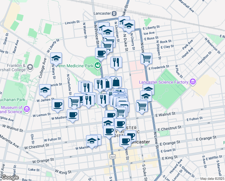 map of restaurants, bars, coffee shops, grocery stores, and more near 21 West James Street in Lancaster