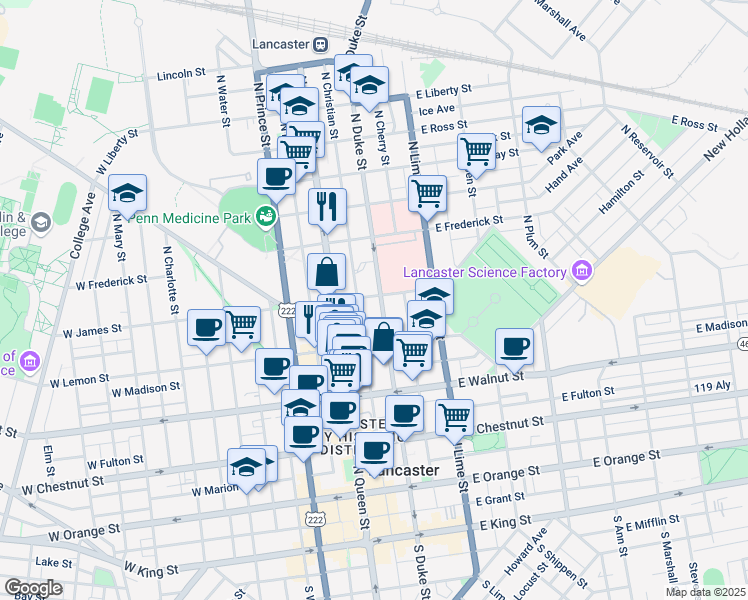 map of restaurants, bars, coffee shops, grocery stores, and more near 446 North Duke Street in Lancaster